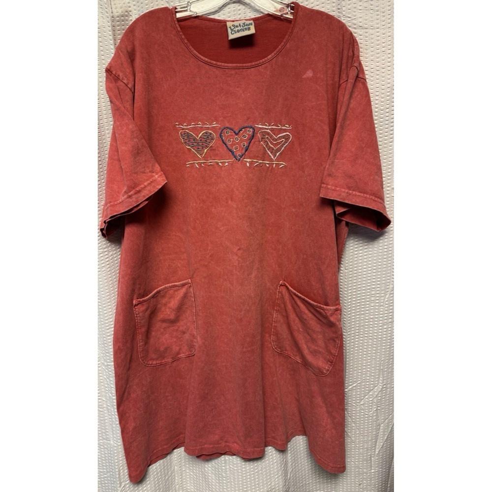 Vintage 90s Red Acid Wash Liz & Jane Pocket Mini Dress Embroidered Hearts SZ 1X